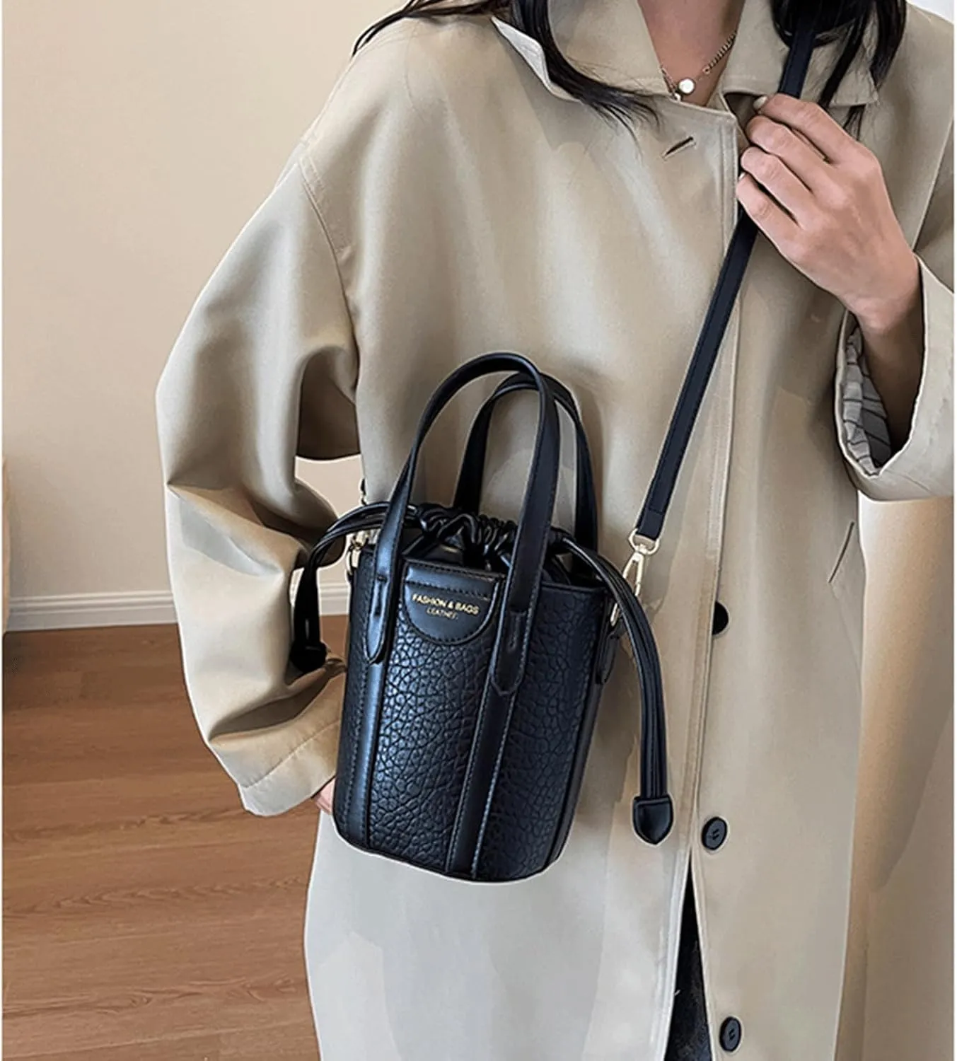 Mini Bucket Bag Leather Bucket Purse Vintage Purse Handbag with Drawstring Closure Small Handbag Shoulder Crossbody Bag