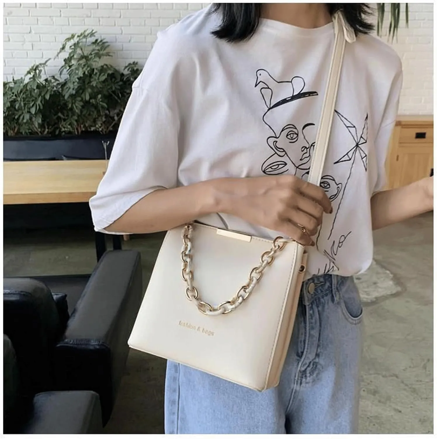 Mini Bucket Bag Leather Bucket Purse with Chain Handle Vintage Bucket Purse Crossbody Handbag Shoulder Bag