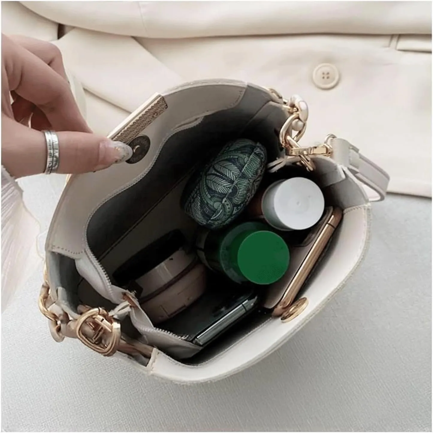 Mini Bucket Bag Leather Bucket Purse with Chain Handle Vintage Bucket Purse Crossbody Handbag Shoulder Bag