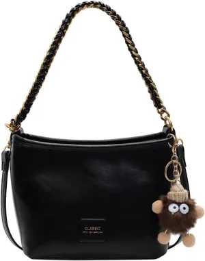 Mini Bucket Bag Leather Bucket Purse with Plush Charm Vintage Purse Bag Shoulder Crossbody Handbag