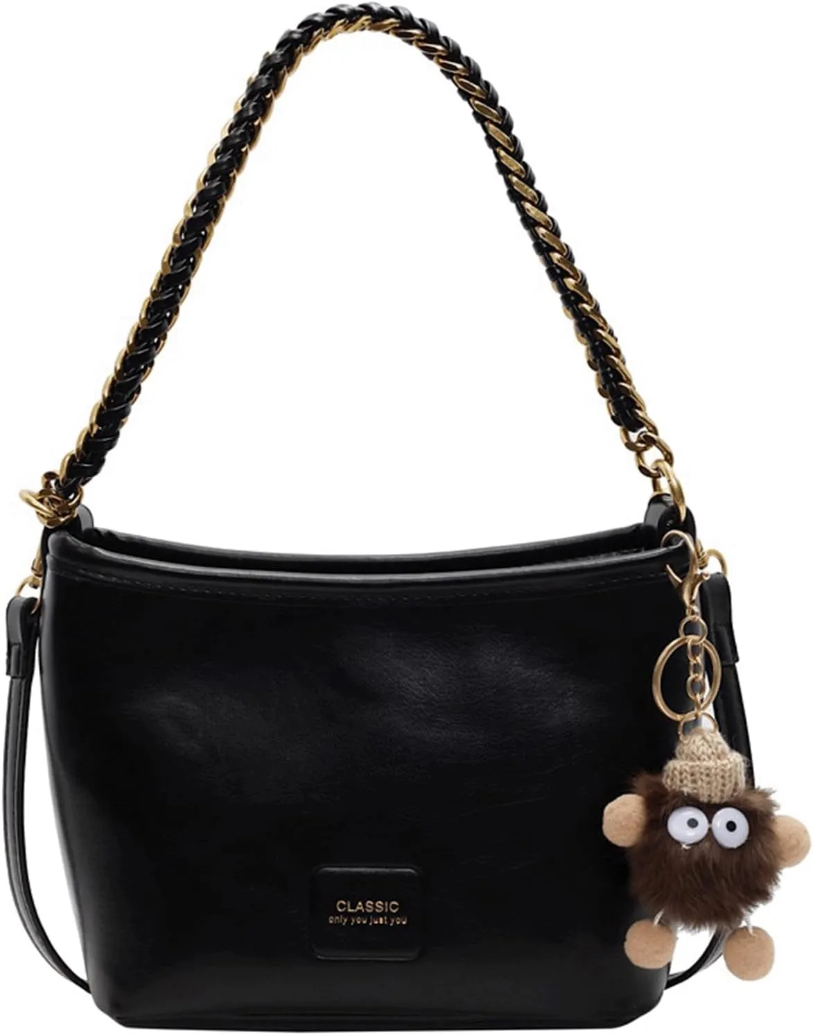 Mini Bucket Bag Leather Bucket Purse with Plush Charm Vintage Purse Bag Shoulder Crossbody Handbag