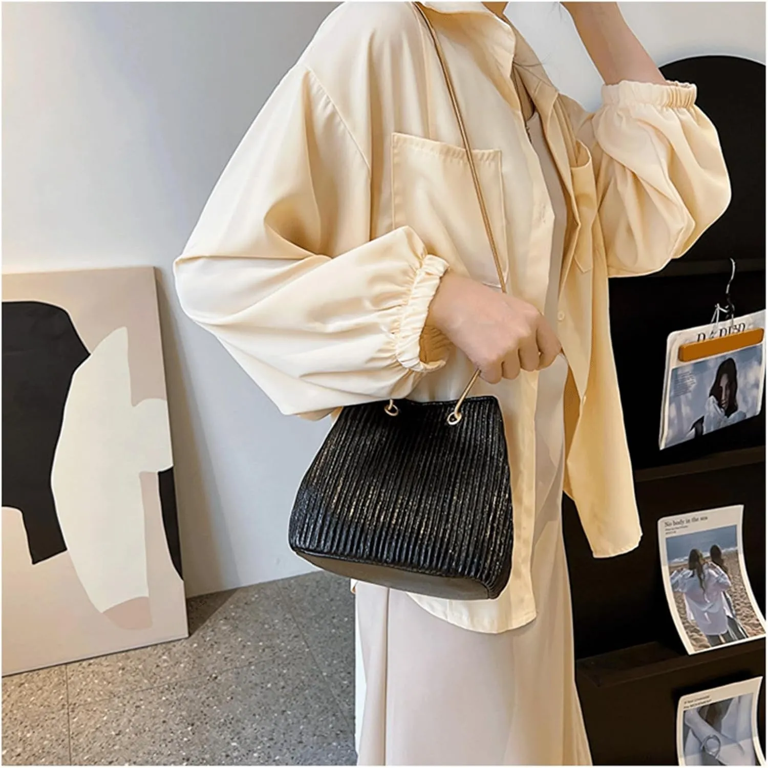 Mini Bucket Bag Metallic Pleated Leather Bucket Purse Vintage Drawstring Handbag Small Shoulder Crossbody Purse Bag