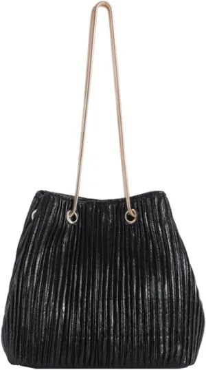 Mini Bucket Bag Metallic Pleated Leather Bucket Purse Vintage Drawstring Handbag Small Shoulder Crossbody Purse Bag