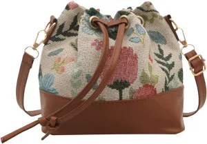 Mini Bucket Bag Vintage Floral Print Bucket Purse with Leather Drawstring Closure Purse Bag Small Crossbody Shoulder Handbag