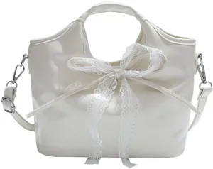 Mini Bucket Bag Vintage Glossy Leather Purse with Lace Bow Handbag Crossbody Shoulder Purse Bag