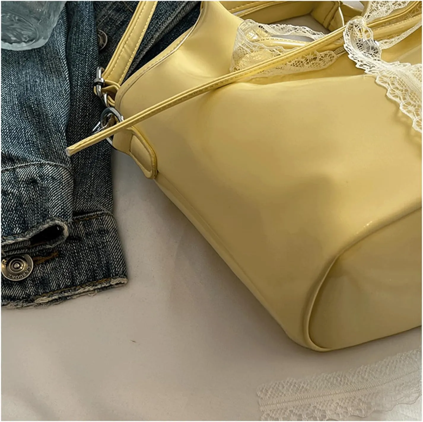 Mini Bucket Bag Vintage Glossy Leather Purse with Lace Bow Handbag Crossbody Shoulder Purse Bag