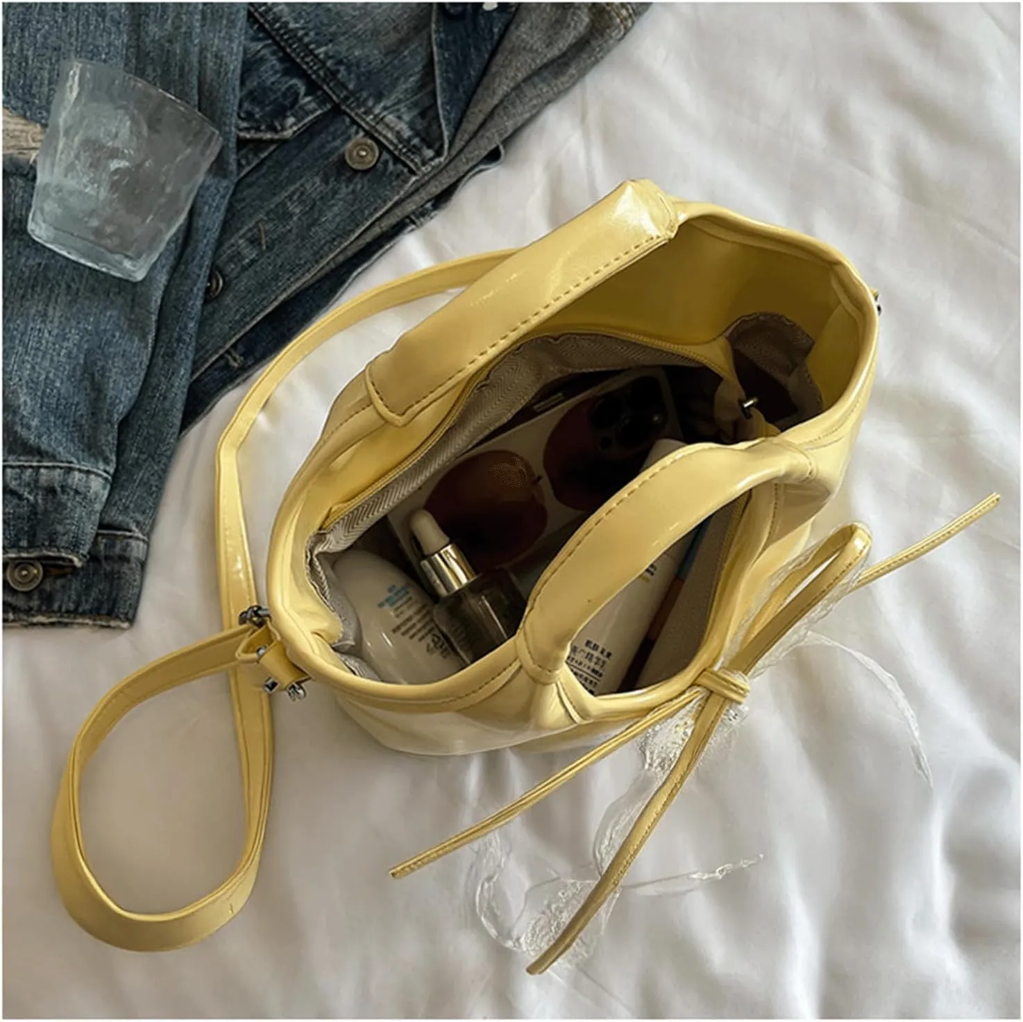 Mini Bucket Bag Vintage Glossy Leather Purse with Lace Bow Handbag Crossbody Shoulder Purse Bag