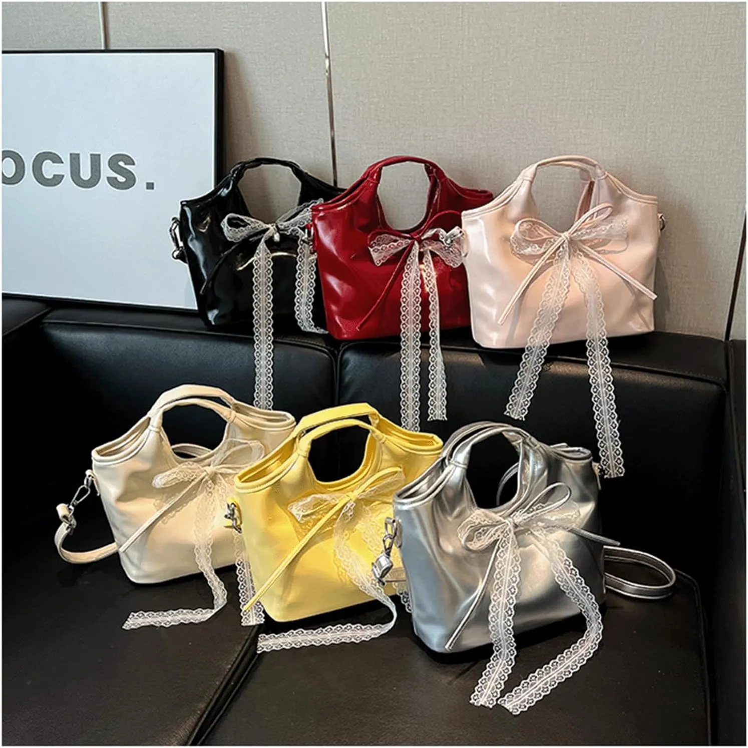 Mini Bucket Bag Vintage Glossy Leather Purse with Lace Bow Handbag Crossbody Shoulder Purse Bag