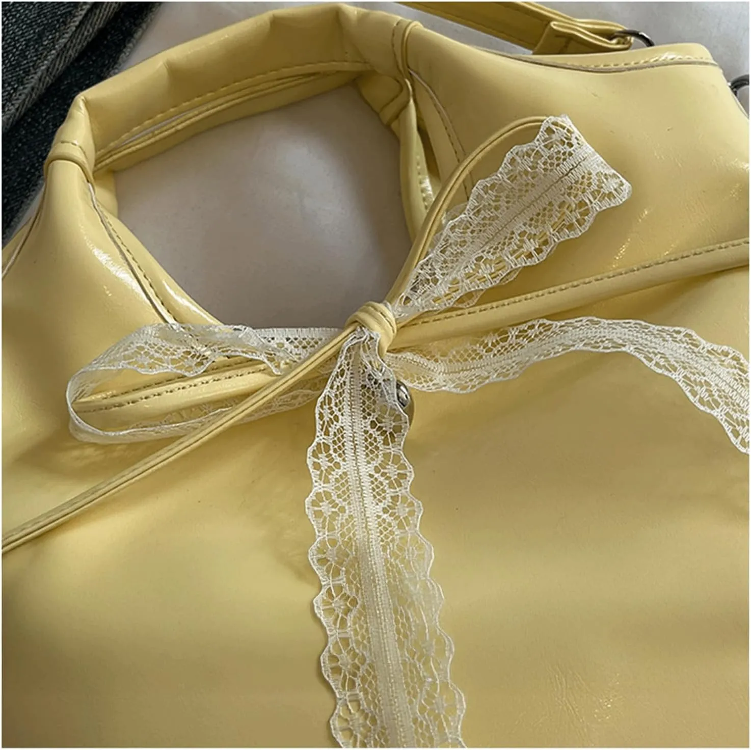 Mini Bucket Bag Vintage Glossy Leather Purse with Lace Bow Handbag Crossbody Shoulder Purse Bag