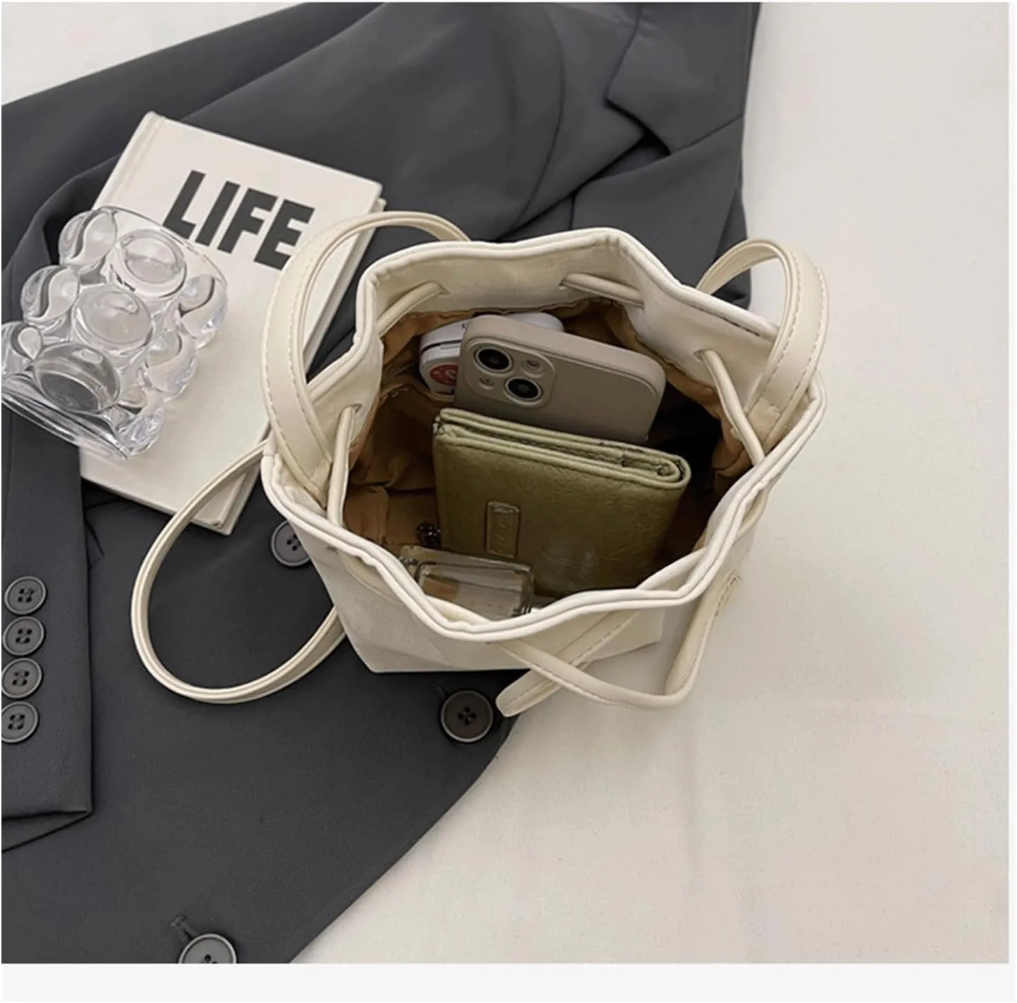 Mini Bucket Bag Vintage Leather Bucket Purse Drawstring Small Shoulder Handbag Crossbody Purse Bag