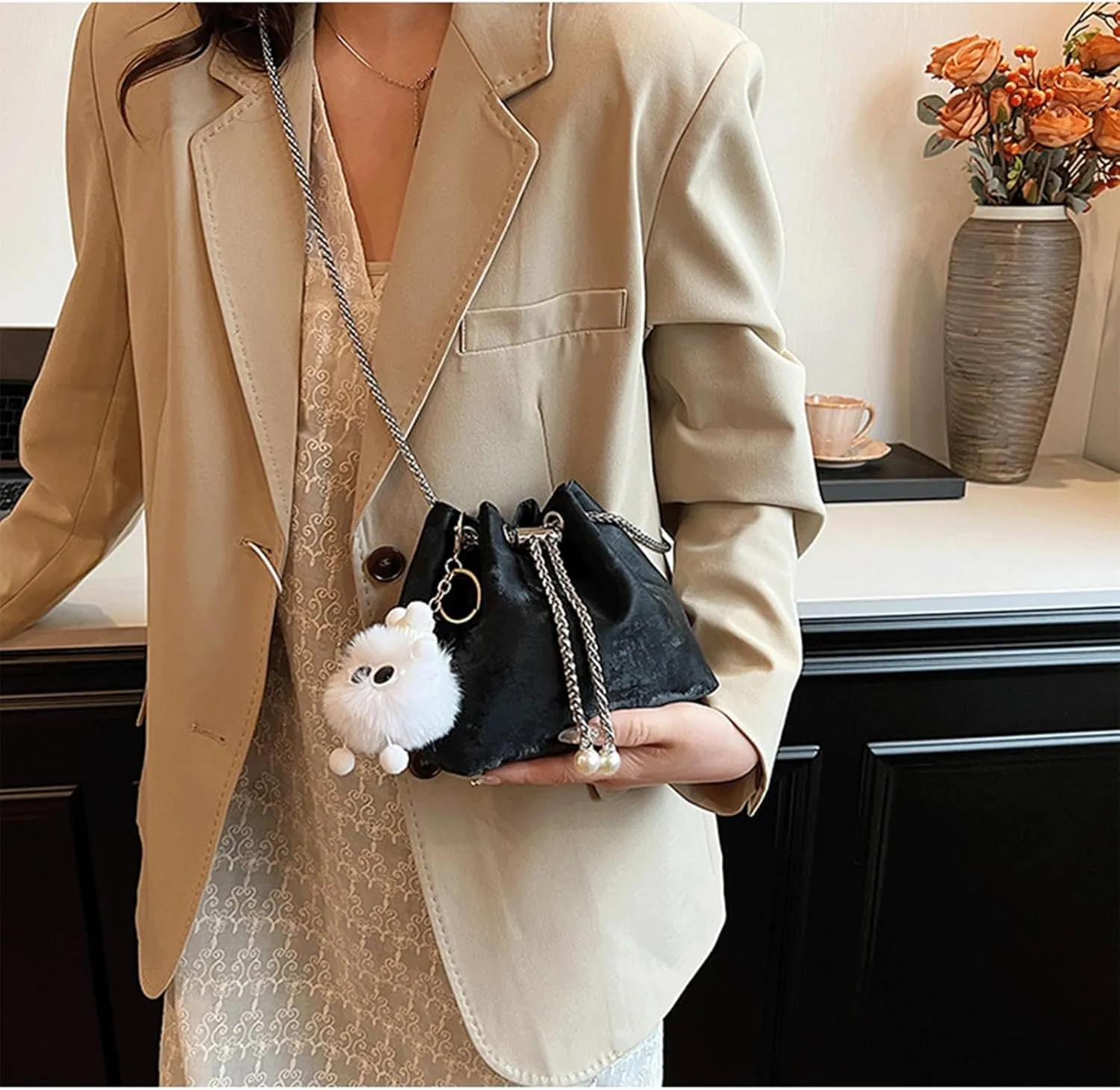 Mini Bucket Bag Vintage Leather Bucket Purse with Drawstring Pearl Detail and Plush Charm Crossbody Shoulder Purse Handbag