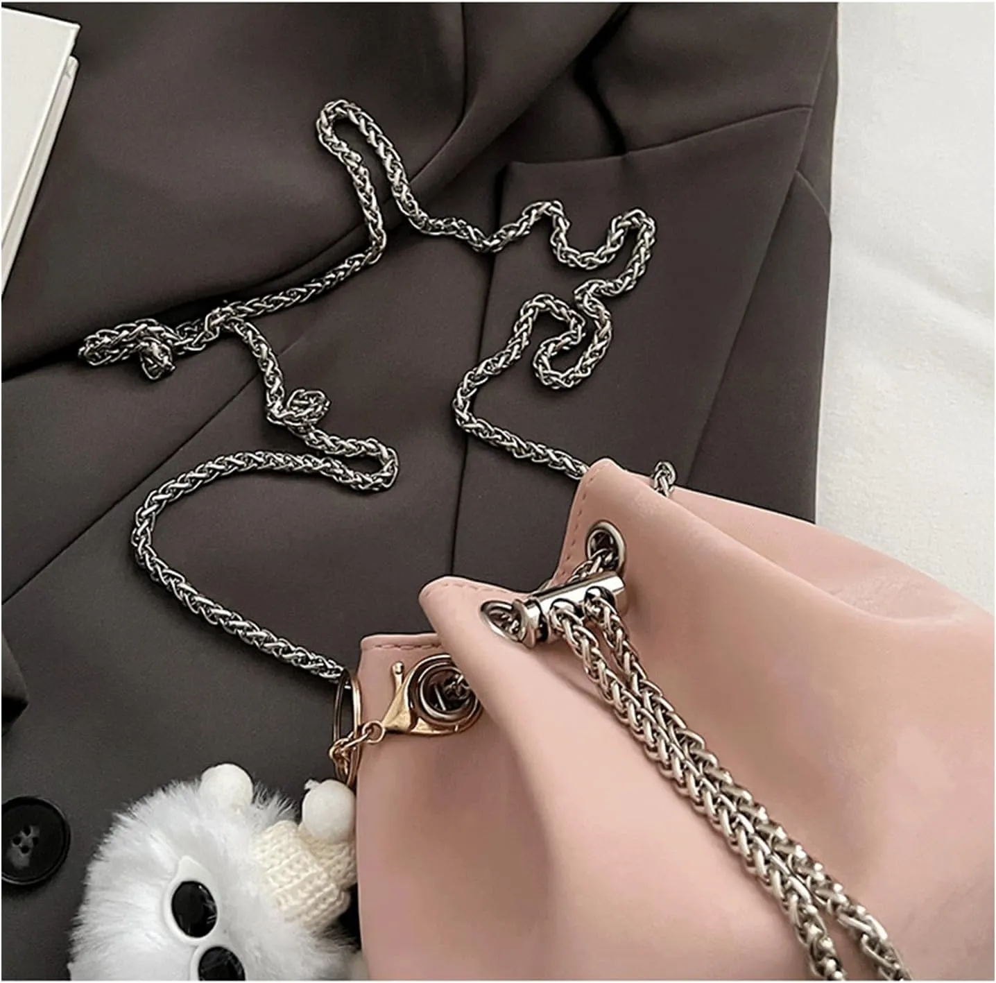 Mini Bucket Bag Vintage Leather Bucket Purse with Drawstring Pearl Detail and Plush Charm Crossbody Shoulder Purse Handbag