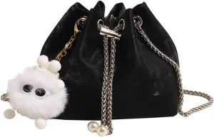 Mini Bucket Bag Vintage Leather Bucket Purse with Drawstring Pearl Detail and Plush Charm Crossbody Shoulder Purse Handbag