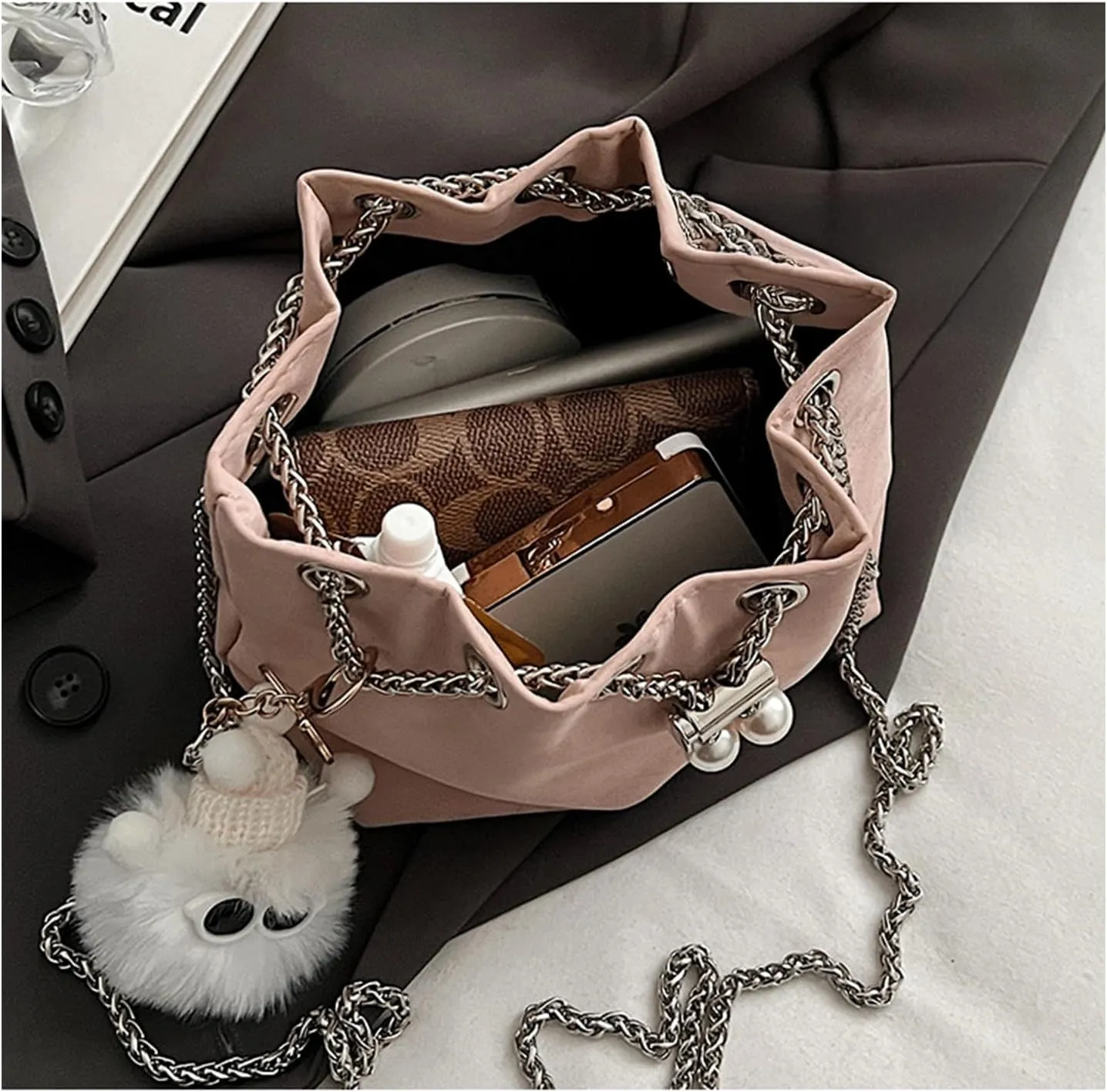 Mini Bucket Bag Vintage Leather Bucket Purse with Drawstring Pearl Detail and Plush Charm Crossbody Shoulder Purse Handbag