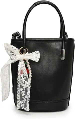 Mini Bucket Bag Vintage Leather Bucket Purse with Lace Bow and Pearl Charm Crossbody Shoulder Handbag