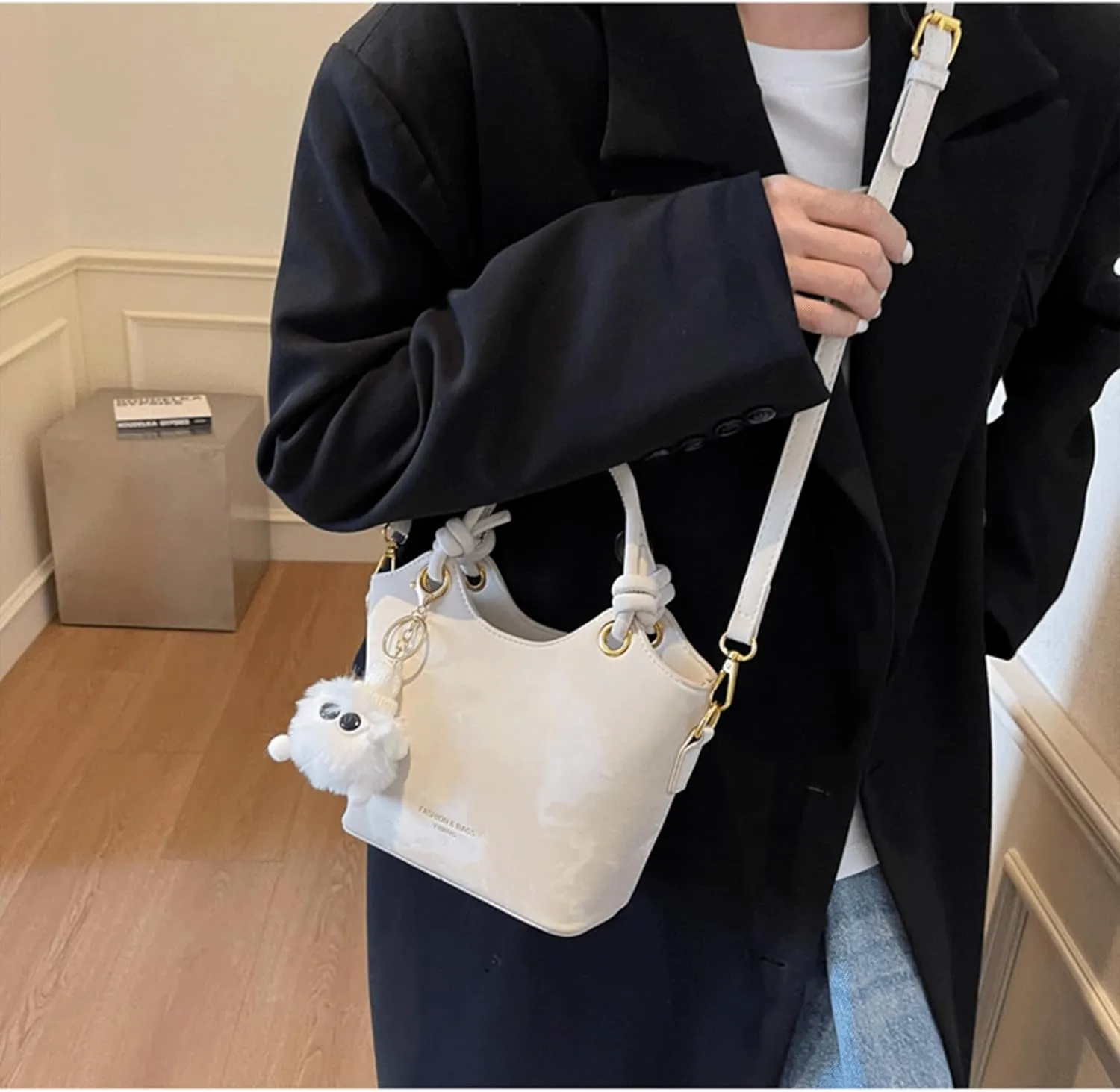 Mini Bucket Bag Vintage Leather Bucket Purse with Plush Charm Small Crossbody Shoulder Handbag