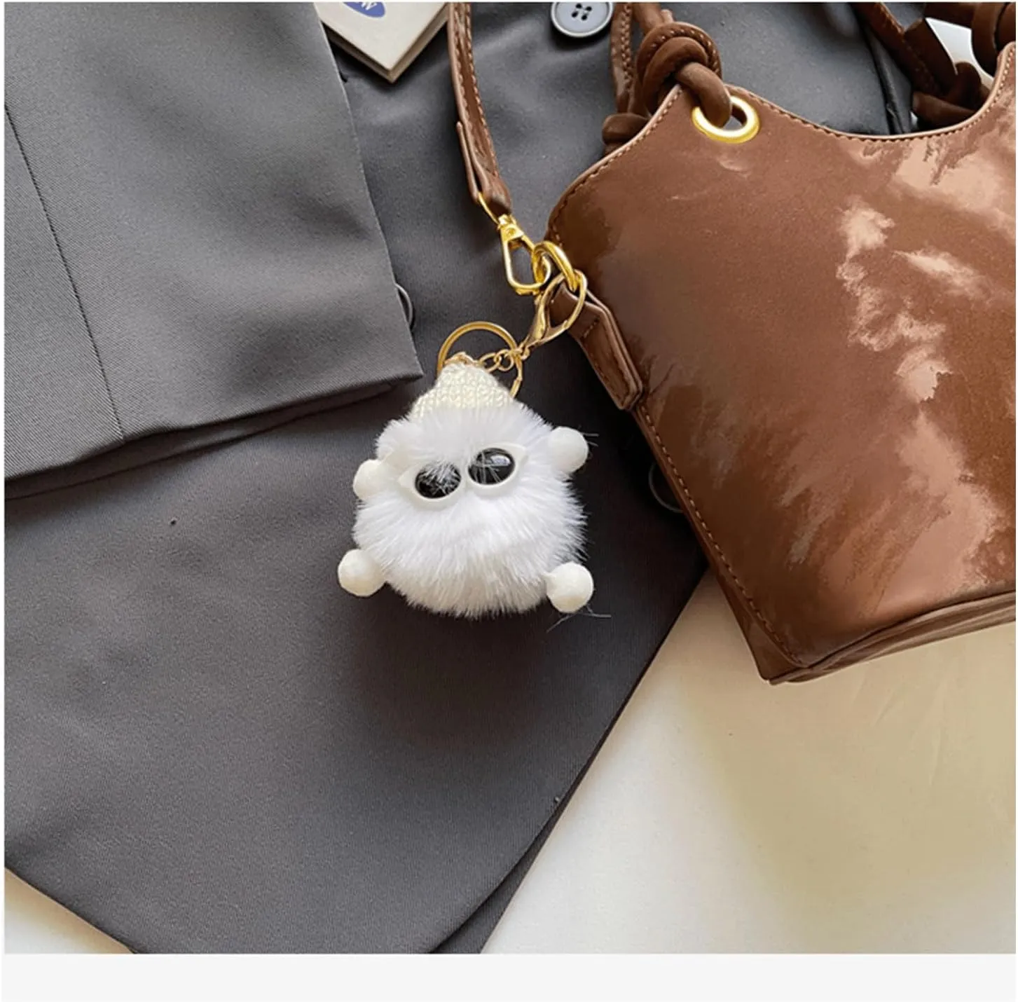 Mini Bucket Bag Vintage Leather Bucket Purse with Plush Charm Small Crossbody Shoulder Handbag