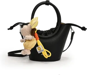Mini Bucket Bag Vintage Leather Bucket Purse with Round Top Handle and Plush Charm Shoulder Handbag Crossbody Purse