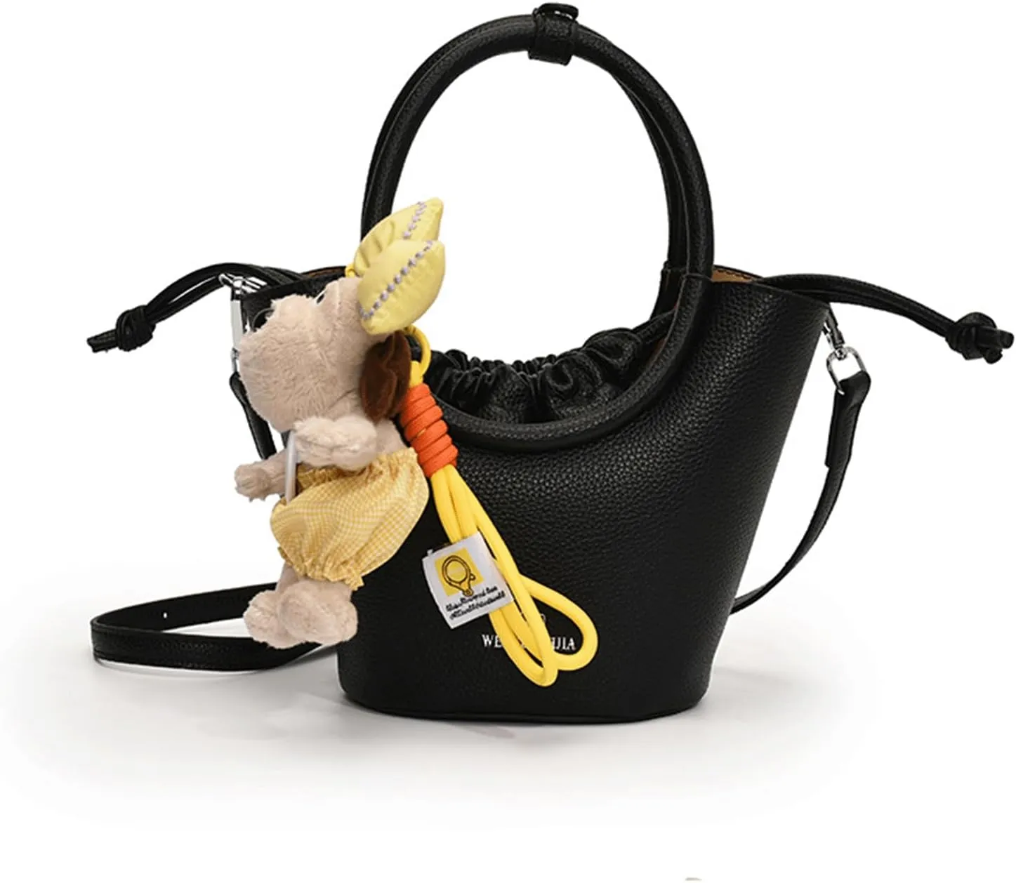 Mini Bucket Bag Vintage Leather Bucket Purse with Round Top Handle and Plush Charm Shoulder Handbag Crossbody Purse