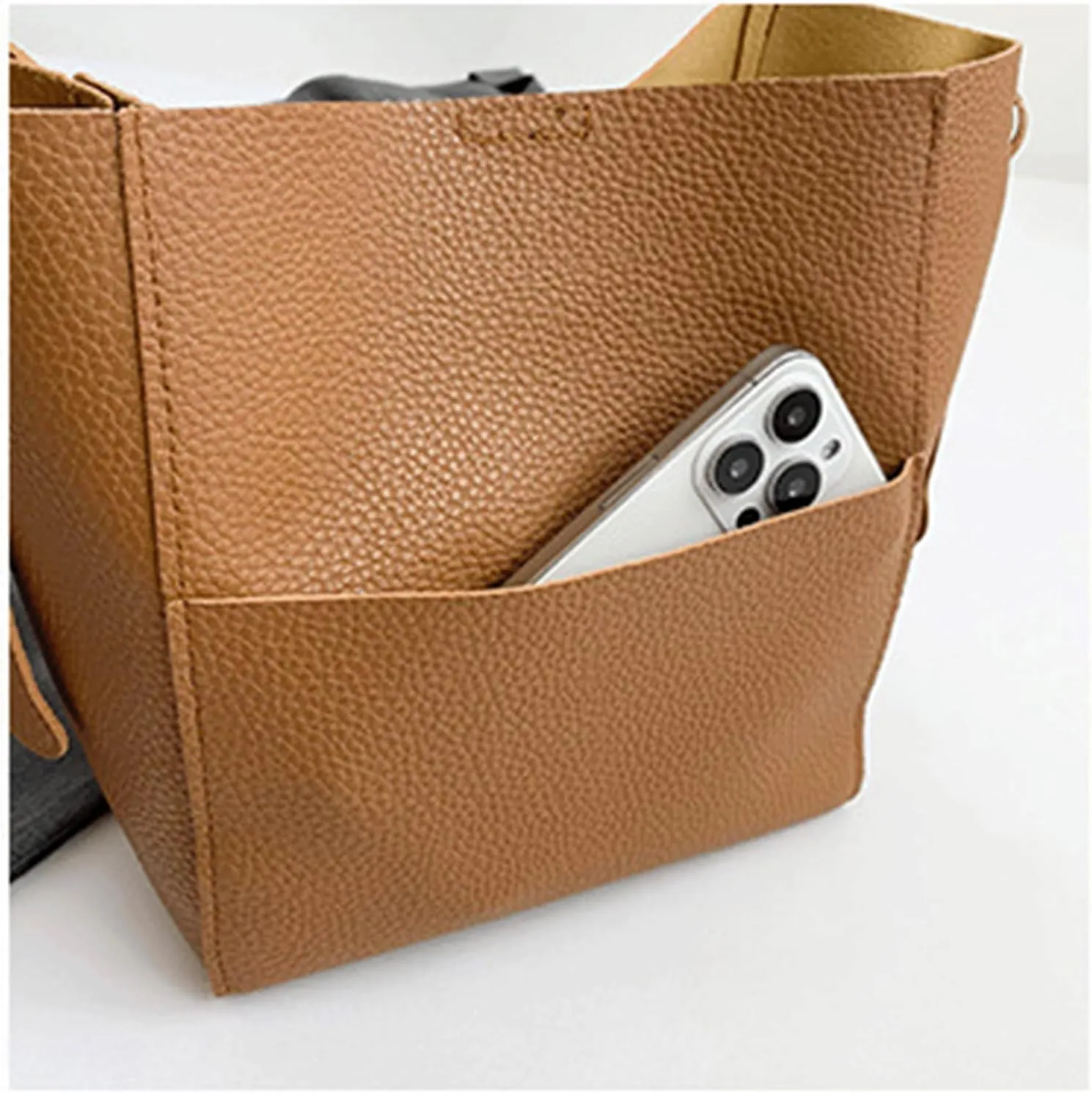 Mini Bucket Bag Vintage Pebbled Leather Bucket Purse with Outer Pocket Purse Handbag Crossbody Shoulder Bag