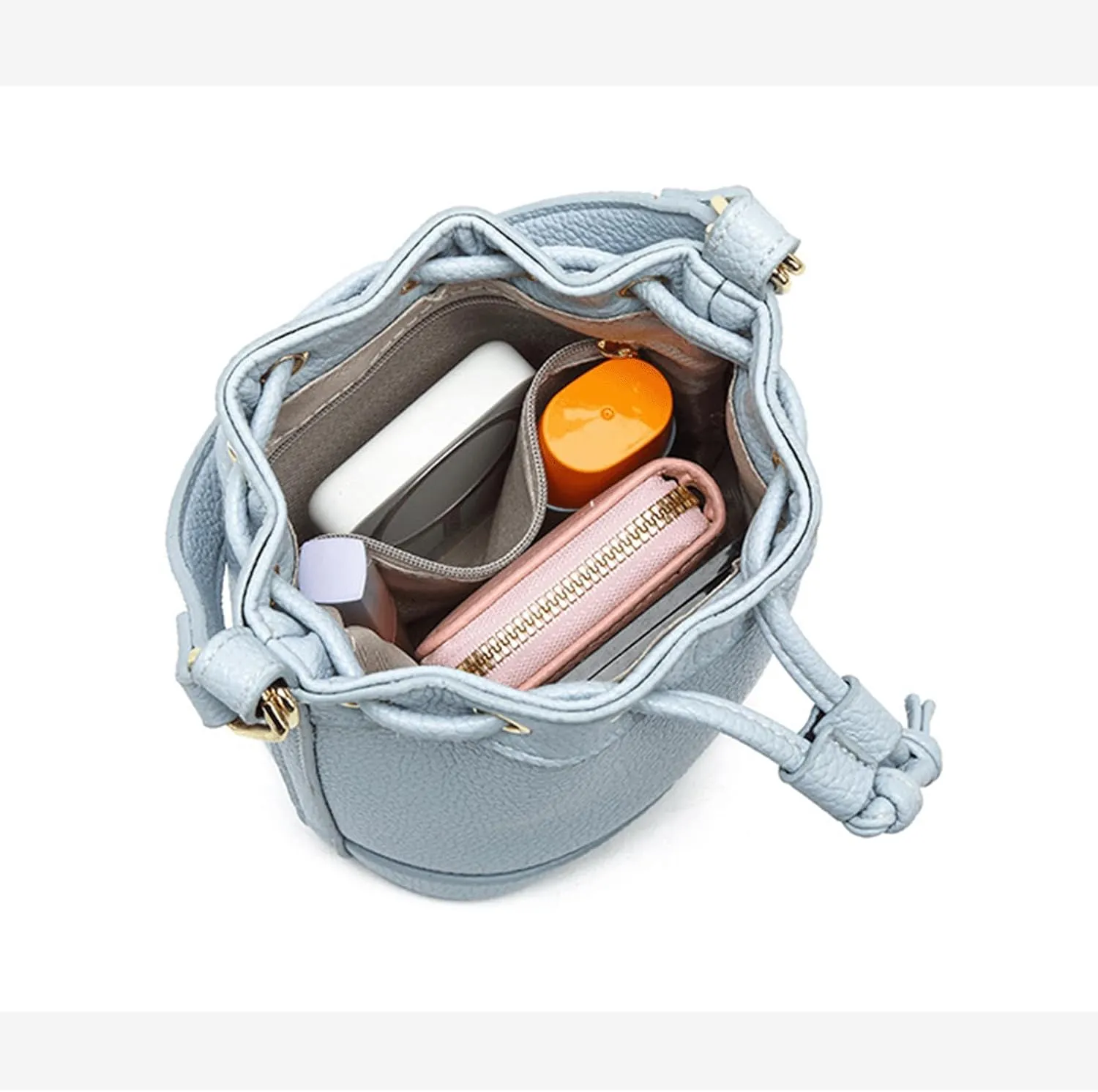 Mini Bucket Bag Vintage Pebbled Leather Bucket Purse with Plush Charm Drawstring Purse Bag Crossbody Shoulder Small Handbag