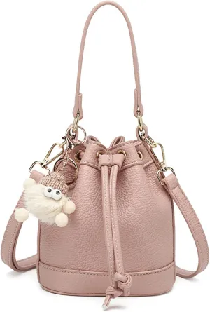 Mini Bucket Bag Vintage Pebbled Leather Bucket Purse with Plush Charm Drawstring Purse Bag Crossbody Shoulder Small Handbag