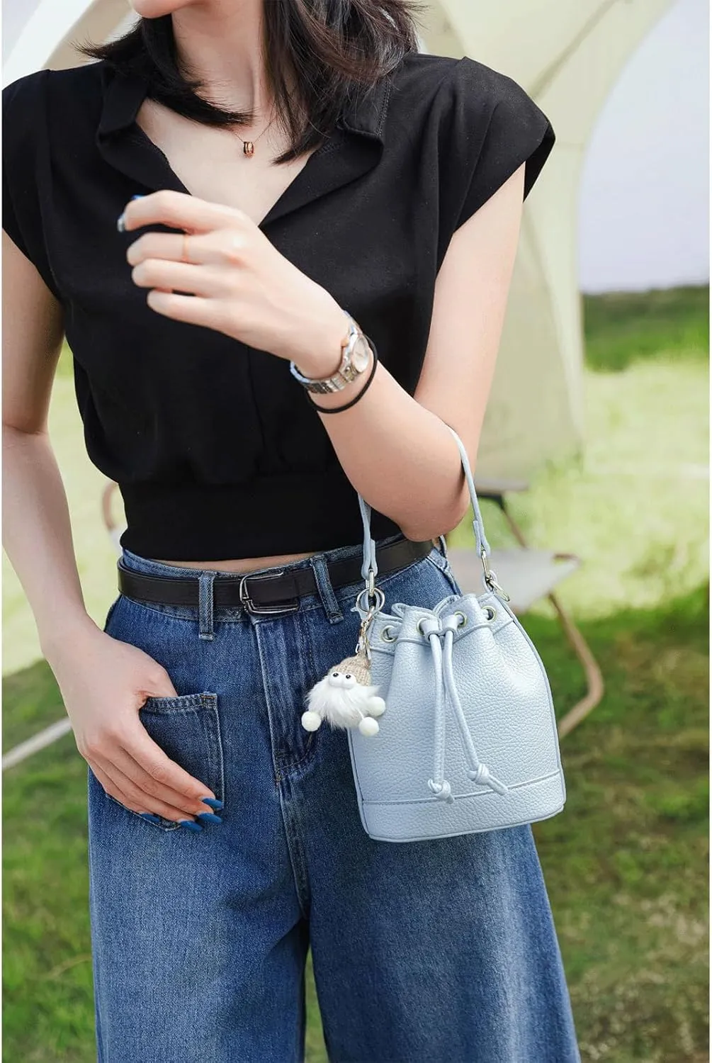 Mini Bucket Bag Vintage Pebbled Leather Bucket Purse with Plush Charm Drawstring Purse Bag Crossbody Shoulder Small Handbag