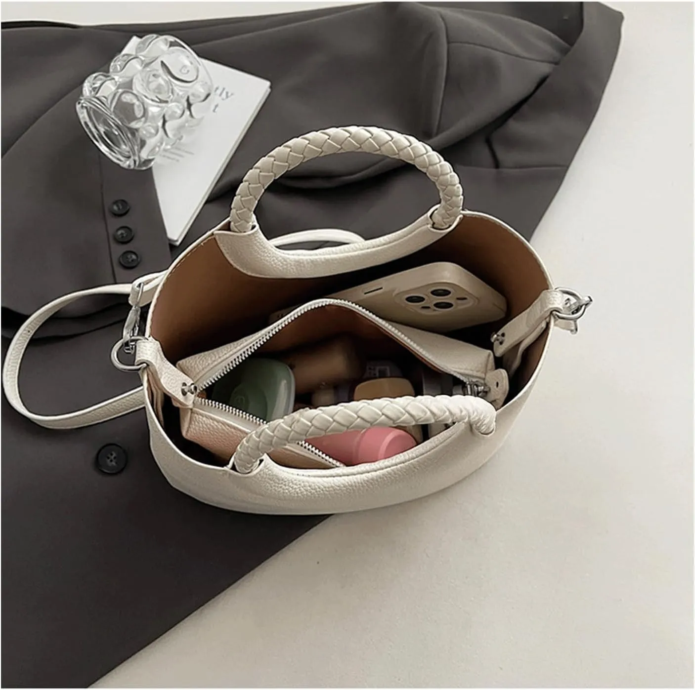 Mini Bucket Bag Vintage Pebbled Leather Bucket Purse with Top Handle and Inner Pouch Shoulder Handbag Crossbody Purse bag