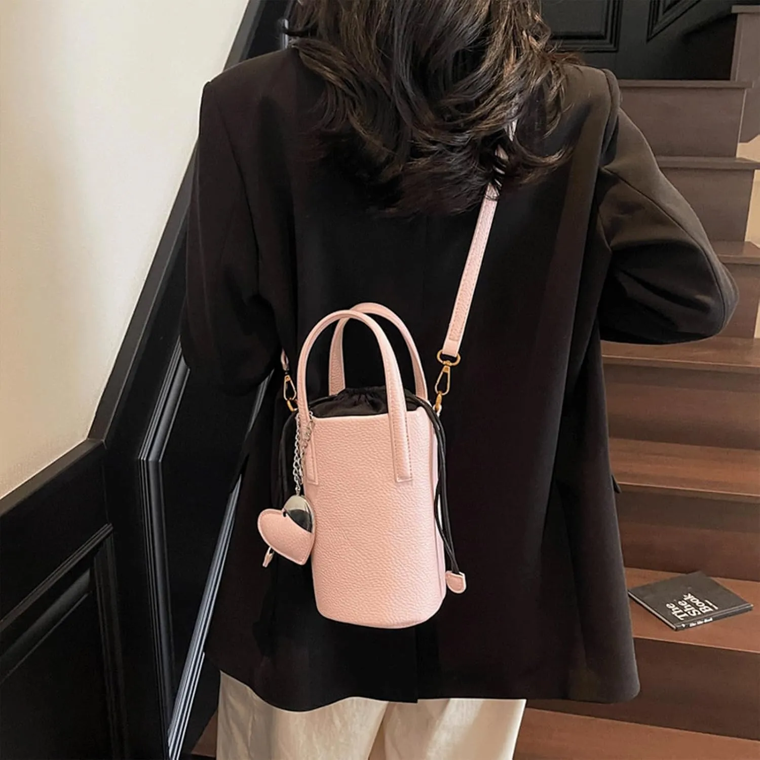 Mini Bucket Bag Vintage Pebbled Leather Drawstring Bucket Purse with Heart Charm Crossbody Shoulder Purse Bag