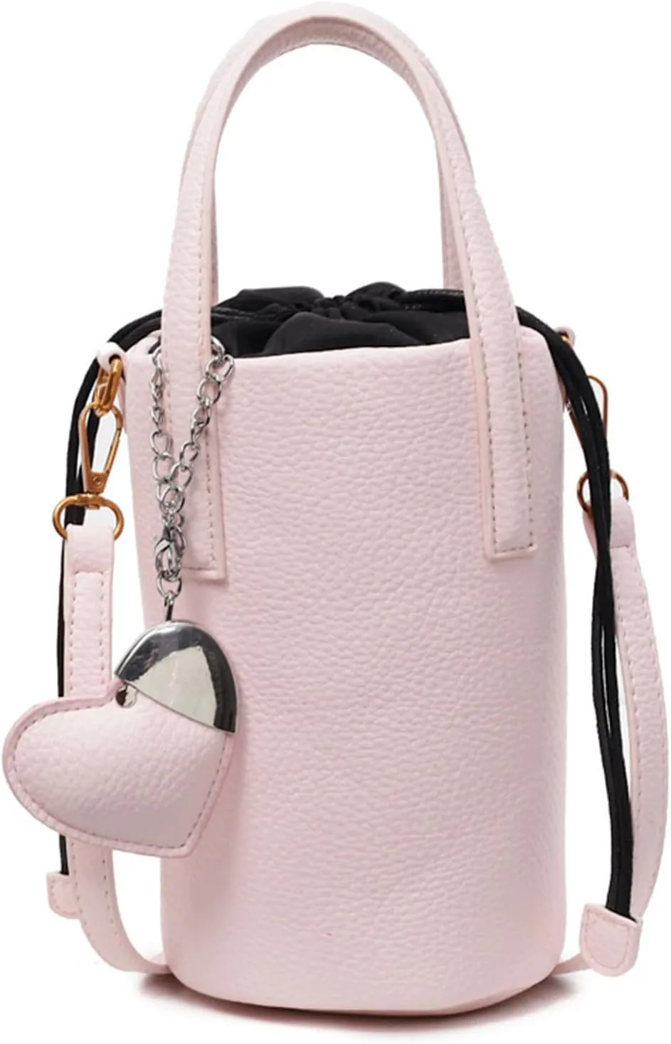Mini Bucket Bag Vintage Pebbled Leather Drawstring Bucket Purse with Heart Charm Crossbody Shoulder Purse Bag