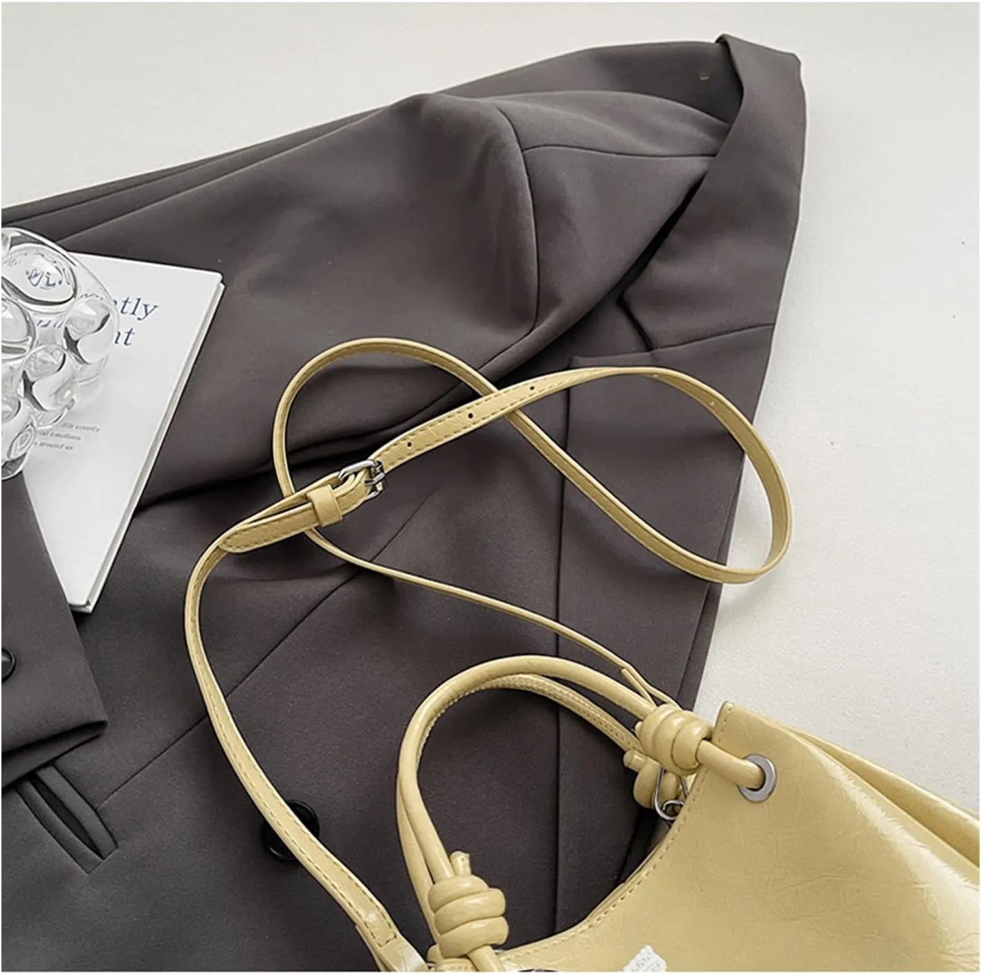 Mini Bucket Bag Vintage Soft Leather Bucket Purse with Pearl Charm Drawstring Shoulder Crossbody Purse Handbag
