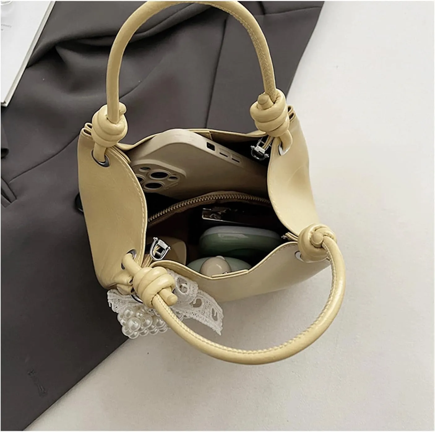 Mini Bucket Bag Vintage Soft Leather Bucket Purse with Pearl Charm Drawstring Shoulder Crossbody Purse Handbag