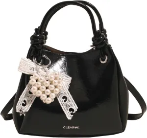 Mini Bucket Bag Vintage Soft Leather Bucket Purse with Pearl Charm Drawstring Shoulder Crossbody Purse Handbag