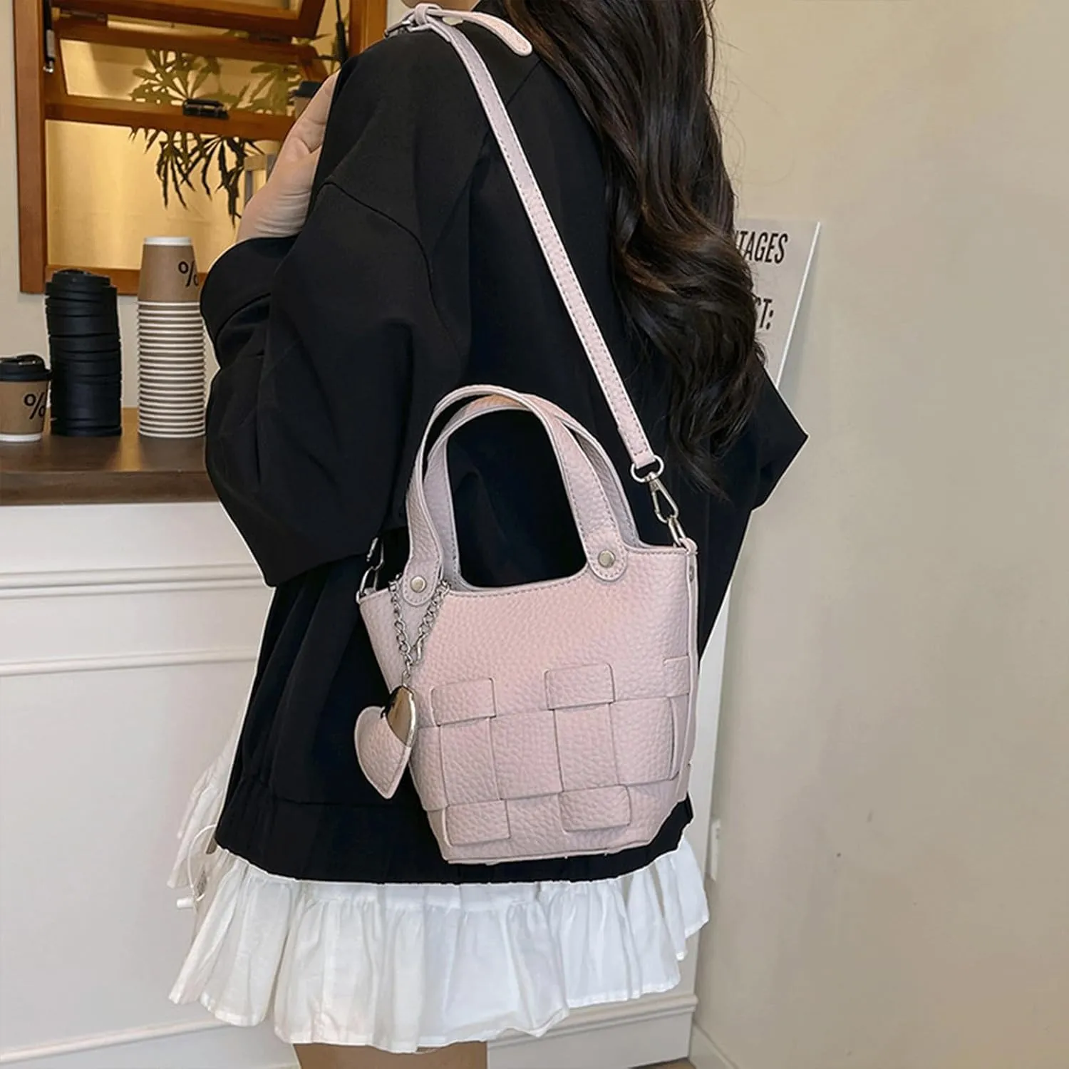 Mini Bucket Bag Vintage Woven Leather Bucket Purse with Heart Charm Small Handbag Crossbody Shoulder Purse Bag