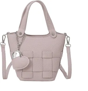 Mini Bucket Bag Vintage Woven Leather Bucket Purse with Heart Charm Small Handbag Crossbody Shoulder Purse Bag
