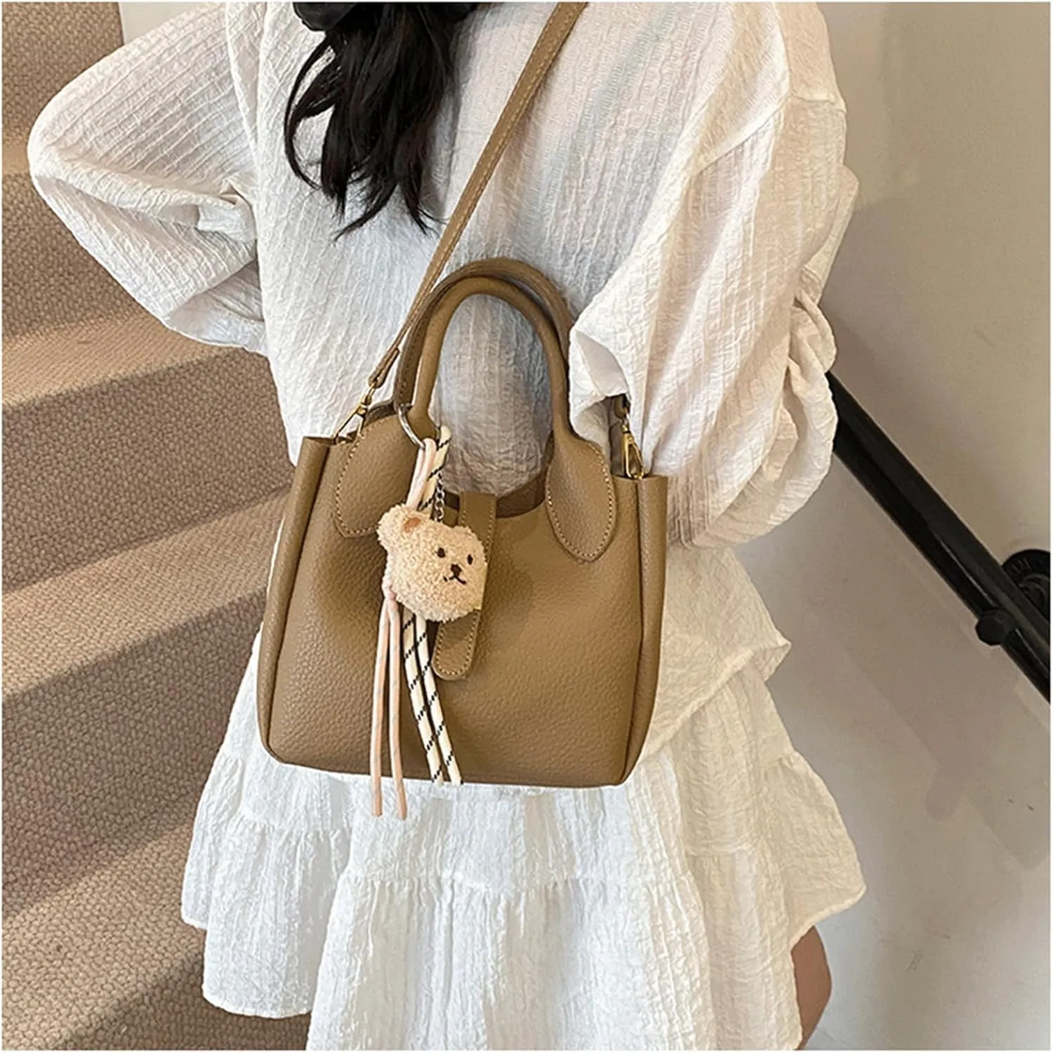 Mini Bucket Bag with Cute Charms Vintage Crossbody Handbag Leather Bucket Purses Handbag for Women