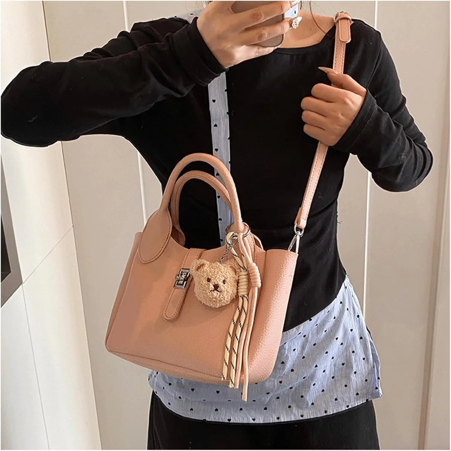 Mini Bucket Bag with Cute Charms Vintage Crossbody Handbag Leather Bucket Purses Handbag for Women