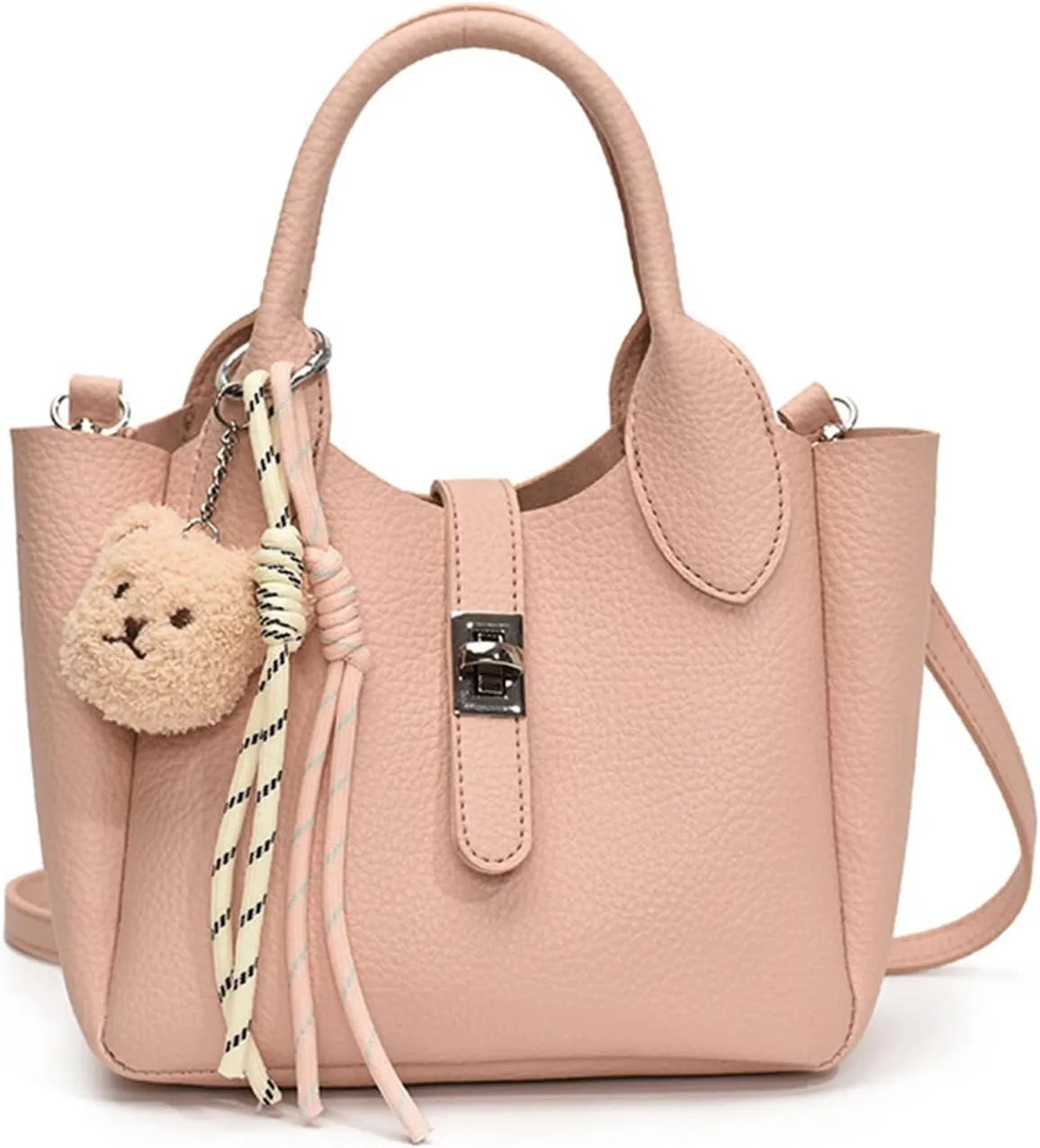 Mini Bucket Bag with Cute Charms Vintage Crossbody Handbag Leather Bucket Purses Handbag for Women