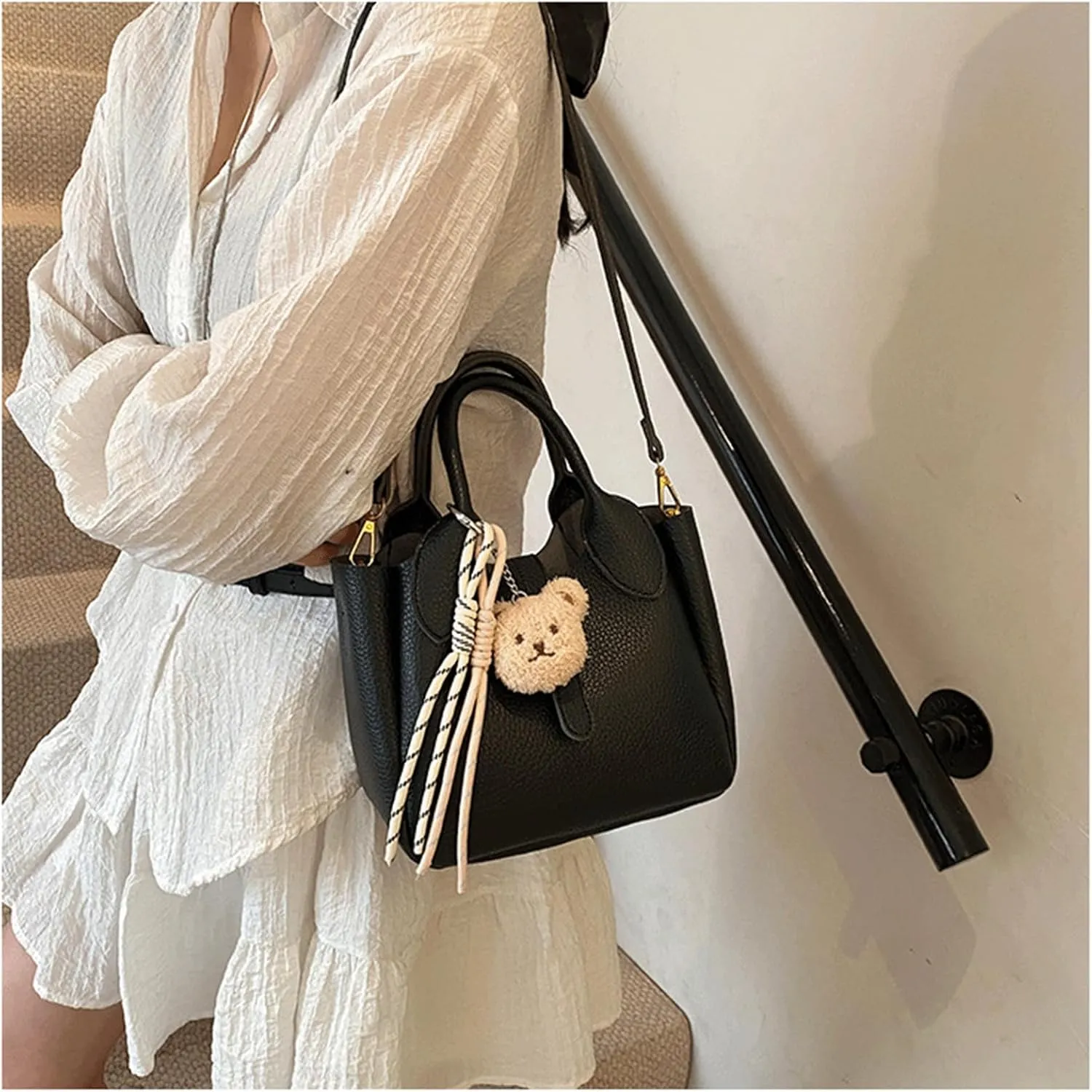 Mini Bucket Bag with Cute Charms Vintage Crossbody Handbag Leather Bucket Purses Handbag for Women