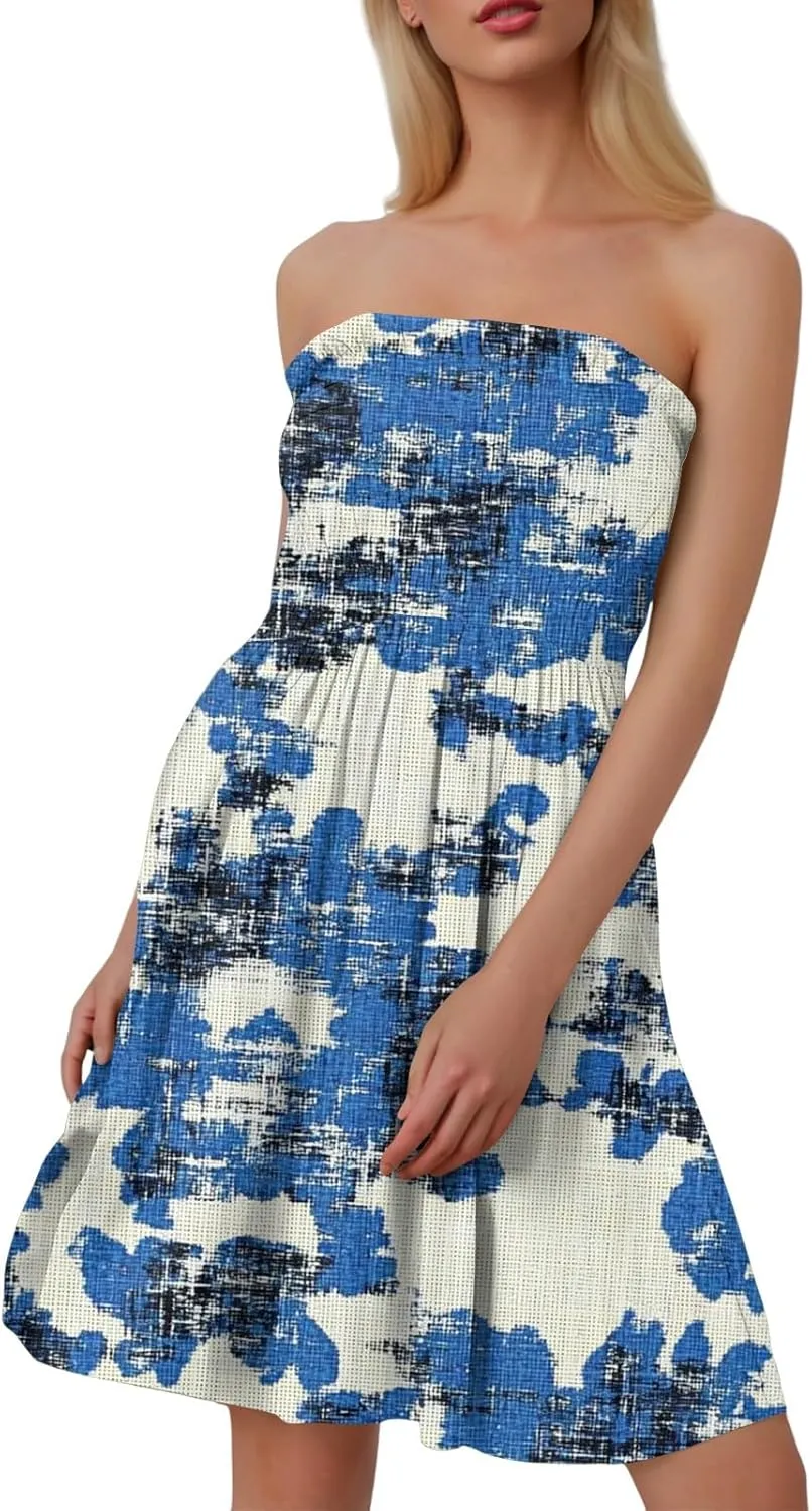 Mini Dresses for Womens Casual Summer Tanks Going Out Floral Print Sleeveless Loose Strapless/Tube Dress Plus Size