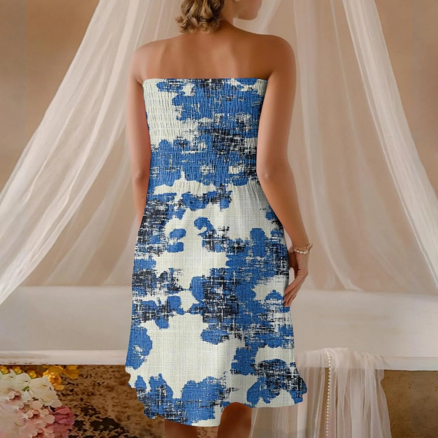 Mini Dresses for Womens Casual Summer Tanks Going Out Floral Print Sleeveless Loose Strapless/Tube Dress Plus Size
