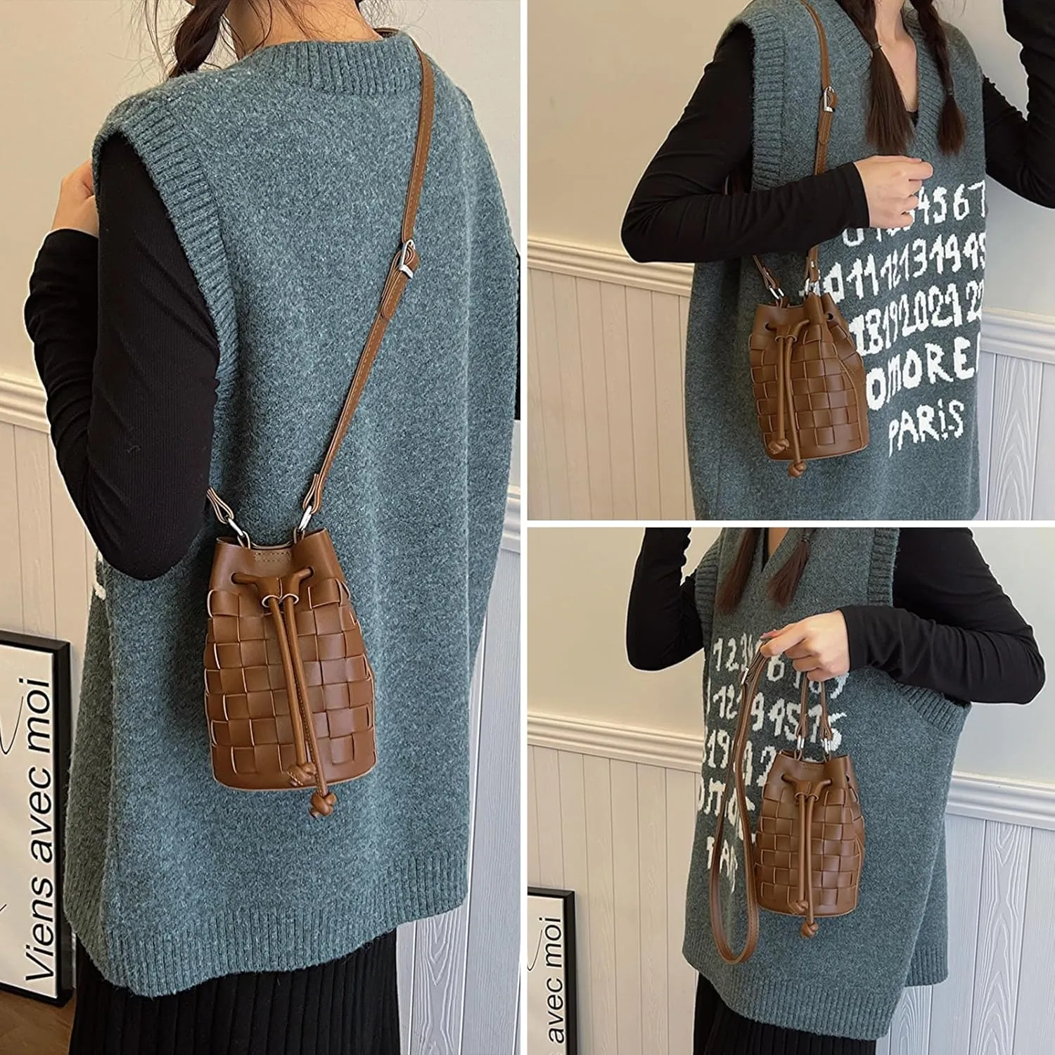 Mini Leather Woven Bucket Bag - Drawstring Purse Hobo Crossbody Handbag