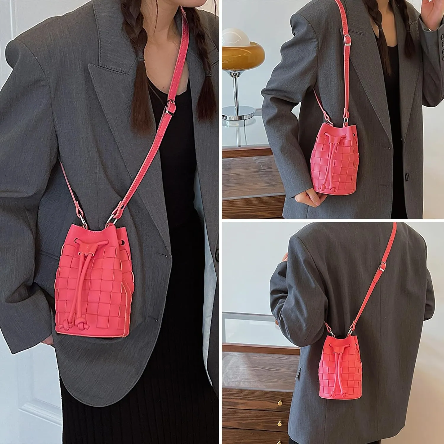Mini Leather Woven Bucket Bag - Drawstring Purse Hobo Crossbody Handbag