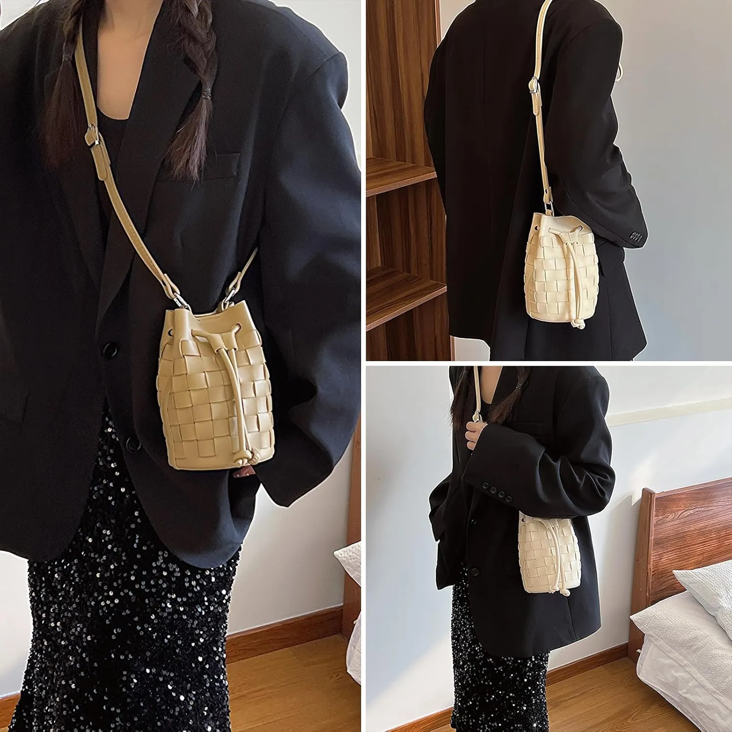 Mini Leather Woven Bucket Bag - Drawstring Purse Hobo Crossbody Handbag
