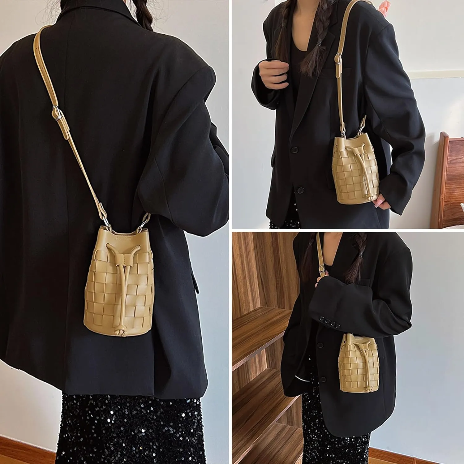 Mini Leather Woven Bucket Bag - Drawstring Purse Hobo Crossbody Handbag