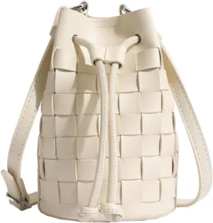 Mini Leather Woven Bucket Bag - Drawstring Purse Hobo Crossbody Handbag