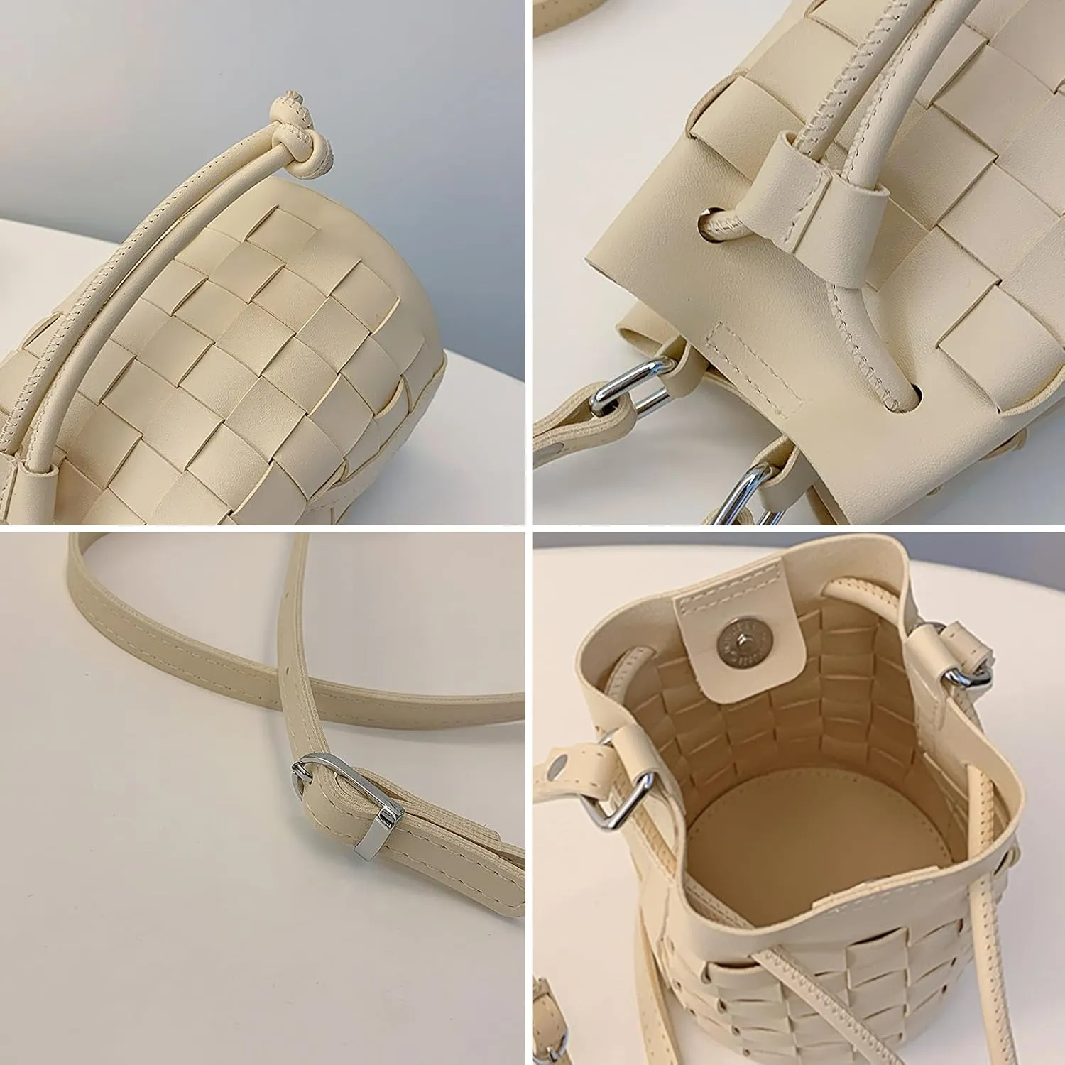 Mini Leather Woven Bucket Bag - Drawstring Purse Hobo Crossbody Handbag