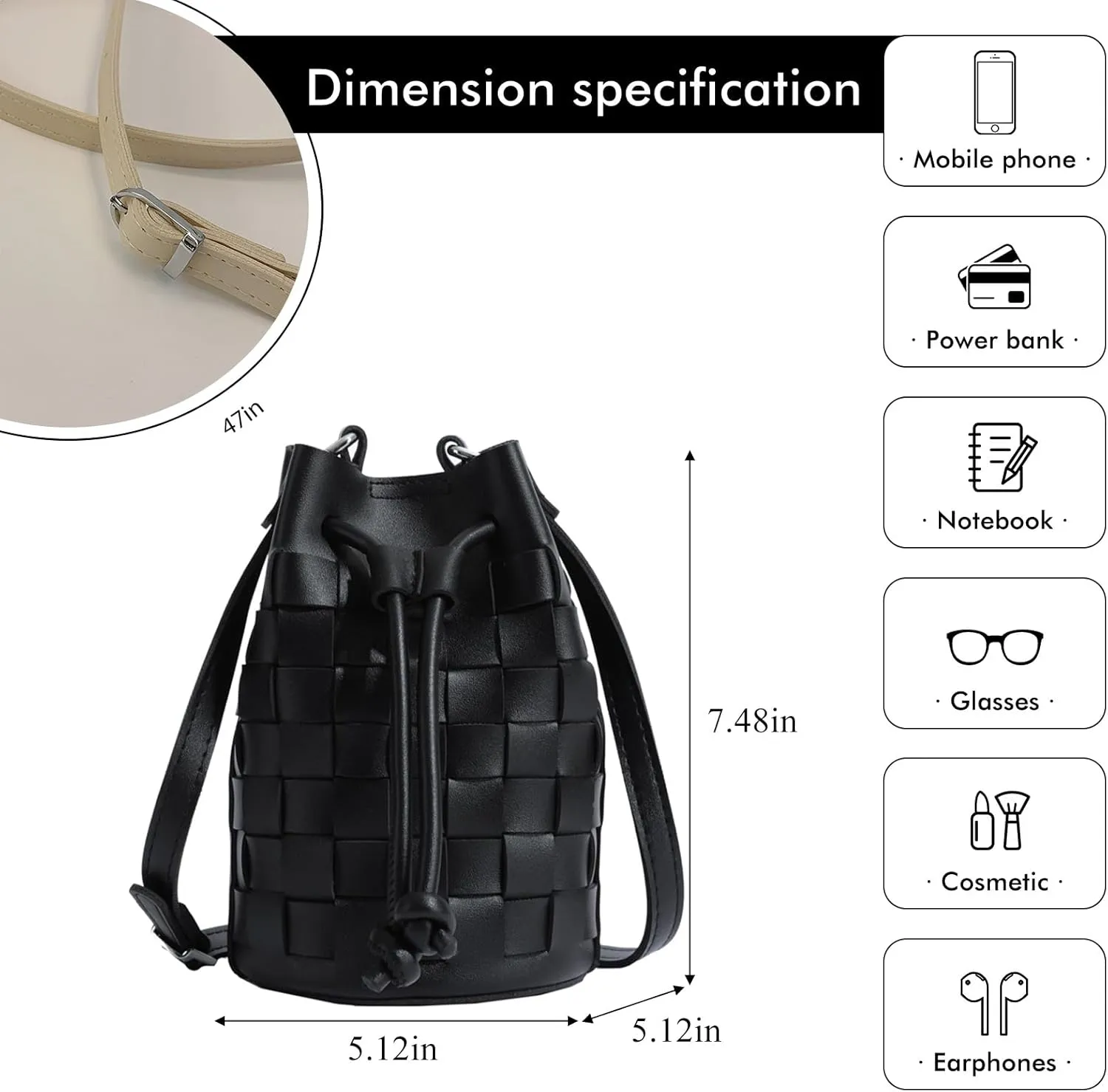 Mini Leather Woven Bucket Bag - Drawstring Purse Hobo Crossbody Handbag