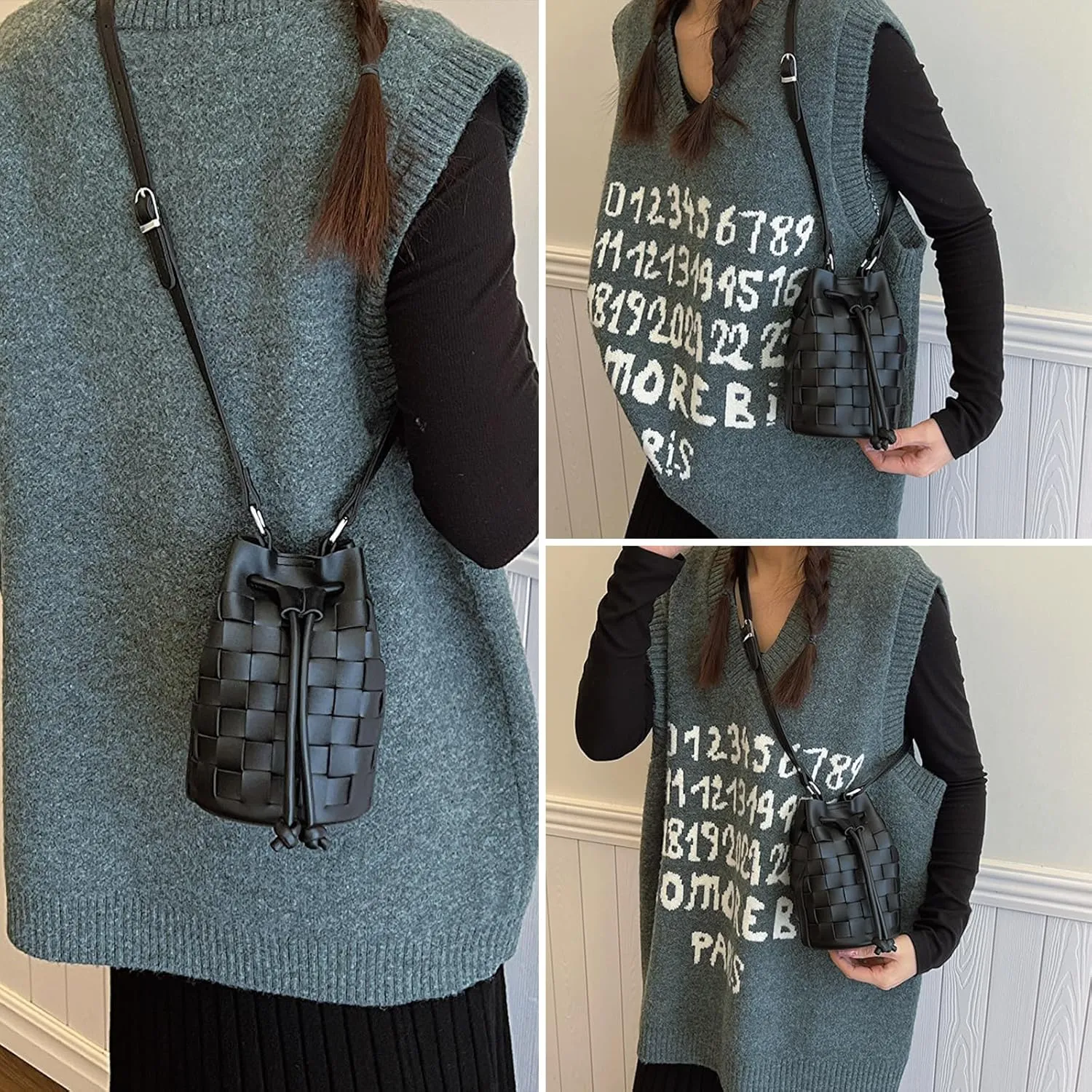 Mini Leather Woven Bucket Bag - Drawstring Purse Hobo Crossbody Handbag
