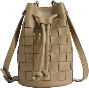 Mini Leather Woven Bucket Bag - Drawstring Purse Hobo Crossbody Handbag